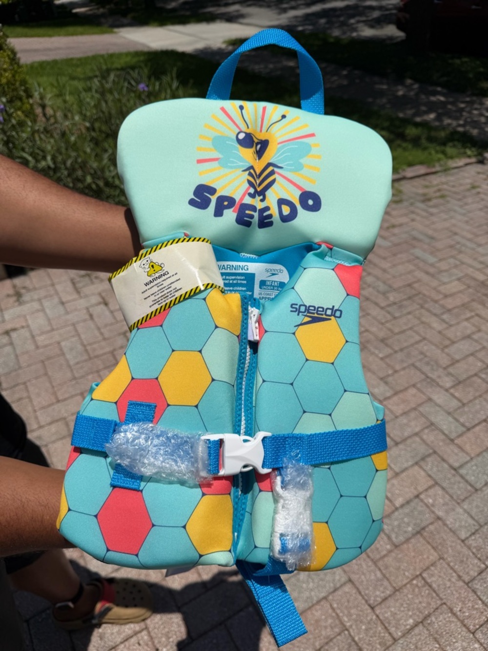 Speedo Kids Swim Vest Turquoise with Yellow and Coral Hex Pattern